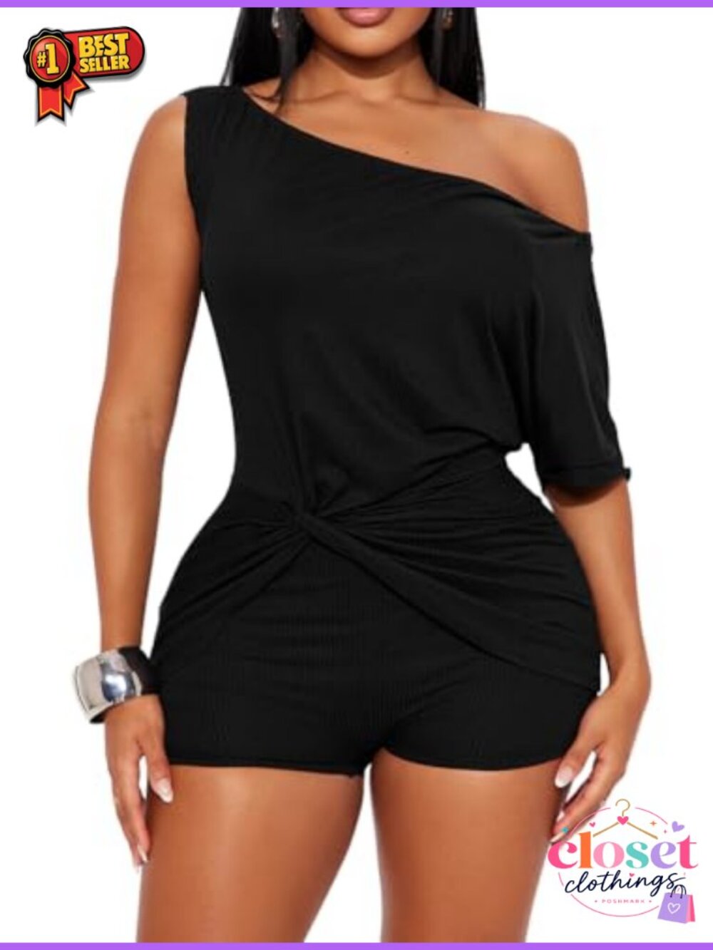 Womens One Shoulder Short Sleeve Wrap Tie Mini Romper Backless Ribbed Knit Slim